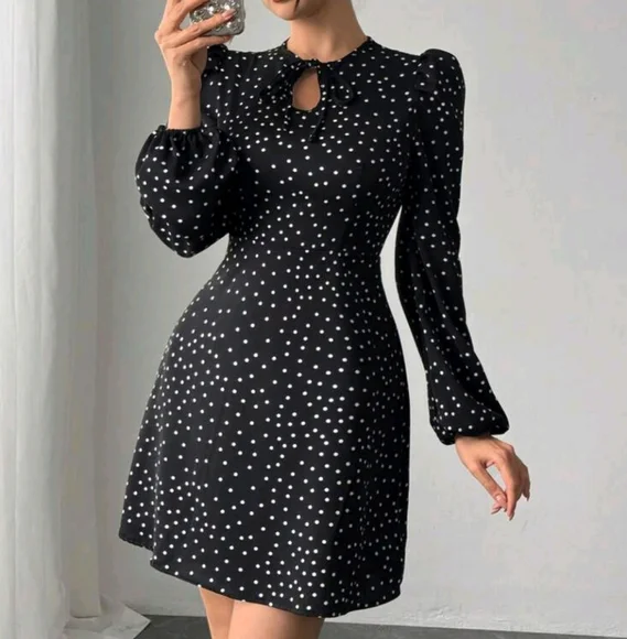 Women's Elegant Polka Dot Print Bow-Tie Waist Long Sleeve Dress - Picture 1 of 3